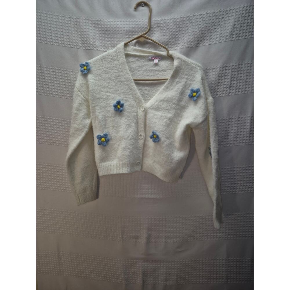 Mini Society womens size medium white flower design cropped sweater 7153